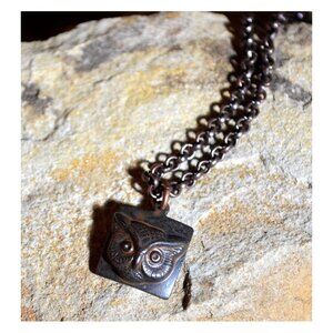 Antique Rust Black Brass Owl Pendant on Copper Chain